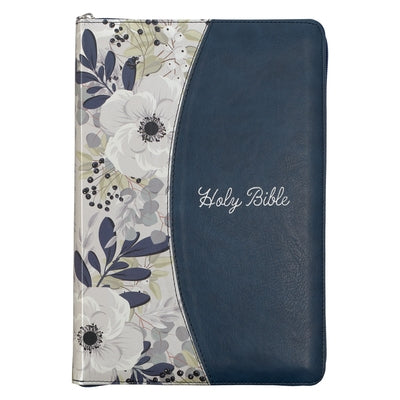 KJV Holy Bible, Thinline Large Print Faux Leather Red Letter Edition Thumb Index Ribbon Marker, King James Version, Blue Printed Floral, Zipper Closur by Christian Art Gifts