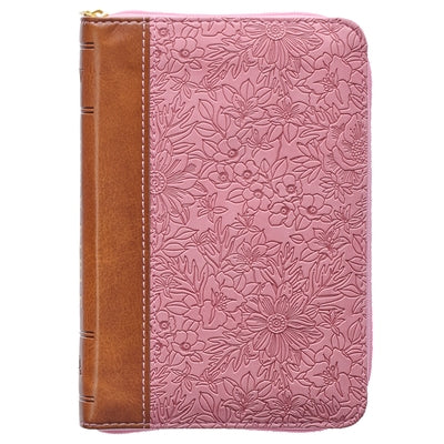 KJV Holy Bible, Mini Pocket Size, Faux Leather Red Letter Edition - Ribbon Marker, King James Version, Pink/Saddle Tan, Zipper Closure by Christian Art Gifts